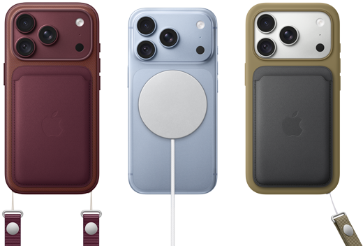From left to right, iPhone 18 Pro in Burgundy leather case with Burgundy wrist strap, middle iPhone 18 Pro in Glacier with White MagSafe charger attached, right iPhone 18 Pro in Silver in green leather wallet case with wrist strap