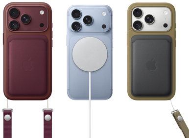 From left to right, iPhone 18 Pro in Burgundy leather case with Burgundy wrist strap, middle iPhone 18 Pro in Glacier with White MagSafe charger attached, right iPhone 18 Pro in Silver in green leather wallet case with wrist strap