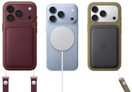 From left to right, iPhone 18 Pro in Burgundy leather case with Burgundy wrist strap, middle iPhone 18 Pro in Glacier with White MagSafe charger attached, right iPhone 18 Pro in Silver in green leather wallet case with wrist strap