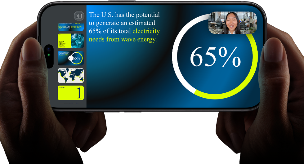 Horizontal video call demonstration of a keynote presentation on iPhone 18 Pro, Black