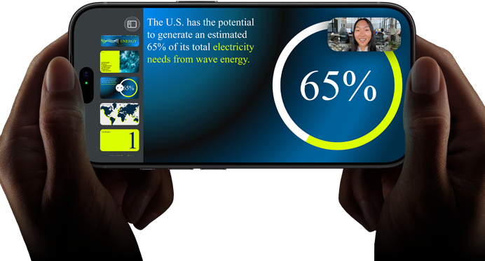 Horizontal video call demonstration of a keynote presentation on iPhone 18 Pro, Black