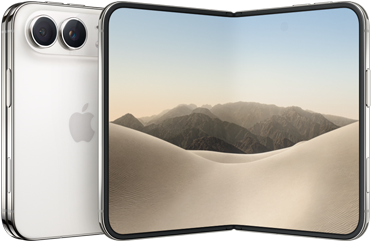 iPhone Duo, folded back exterior, Star White colour, Dual Fusion camera system at top left, Apple logo in centre. Unfolded interior display, all-screen design, rounded corners