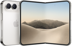 iPhone Duo, folded back exterior, Star White colour, Dual Fusion camera system at top left, Apple logo in centre. Unfolded interior display, all-screen design, rounded corners