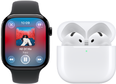 Apple Watch Series 11, titanium natural case, strap: stone grey sport band, Apple Music app open, paired with AirPods 4