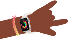 Cartoon illustration of kid’s wrist wearing Apple Watch SE 3 with the Activity app open on the screen